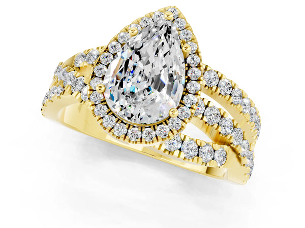 Yellow gold Pear Cut Moissanite Halo Ring with Round Split Shank and Prong Setting