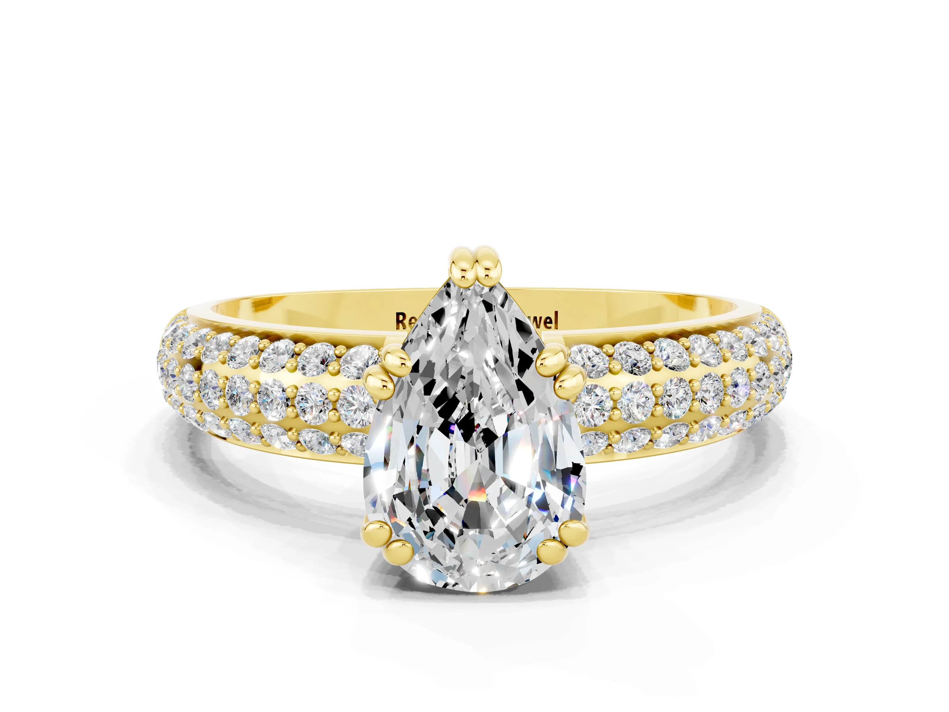 Yellow gold Pear Cut Cut Pave Diamond Engagement Ring with Channel Set Band and Four-Prong Setting