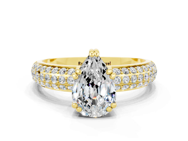 Yellow gold Pear Cut Moissanite Solitaire Ring with Multi-Row Round Pavé Band and Prong Setting