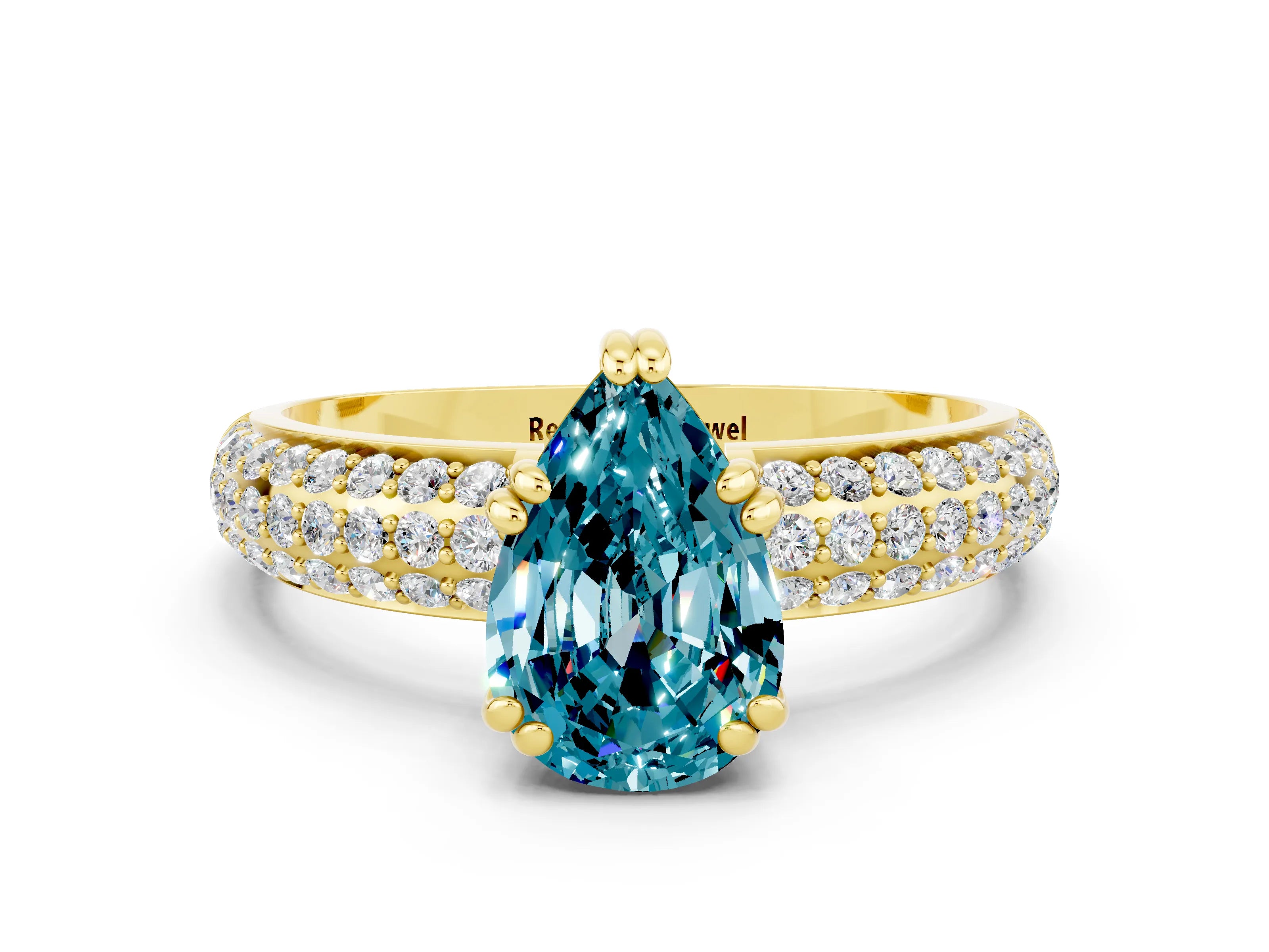 Yellow gold Pear Cut Cut Pave Diamond Engagement Ring with Channel Set Band and Four-Prong Setting