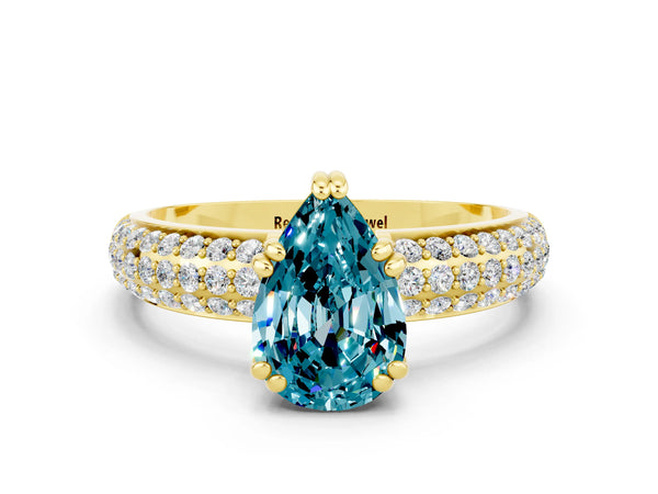 Yellow gold Pear Cut Cut Pave Diamond Engagement Ring with Channel Set Band and Four-Prong Setting