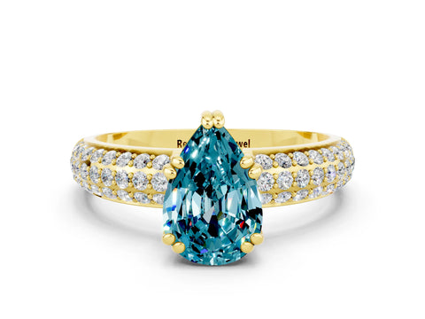 Yellow gold Pear Cut Cut Pave Diamond Engagement Ring with Channel Set Band and Four-Prong Setting