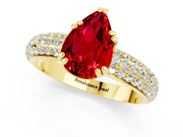 Yellow gold Pear Cut Cut Pave Diamond Engagement Ring with Channel Set Band and Four-Prong Setting