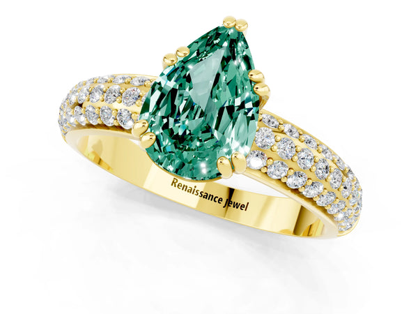 Yellow gold Pear Cut Green Sapphire Solitaire Ring with Multi-Row Round Pavé Band and Prong Setting