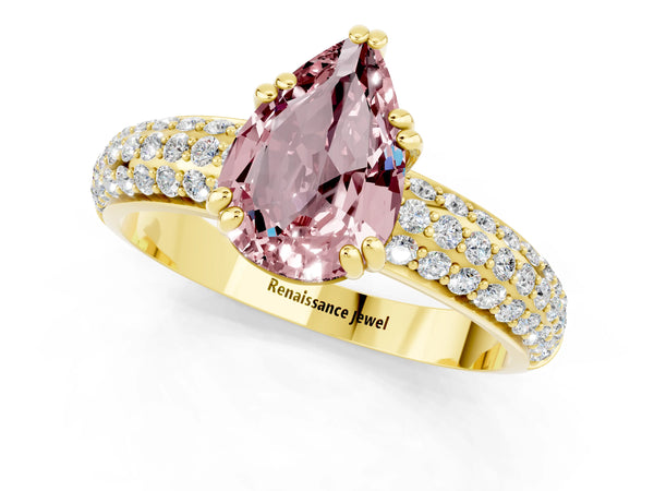 Yellow gold Pear Cut Cut Pave Diamond Engagement Ring with Channel Set Band and Four-Prong Setting