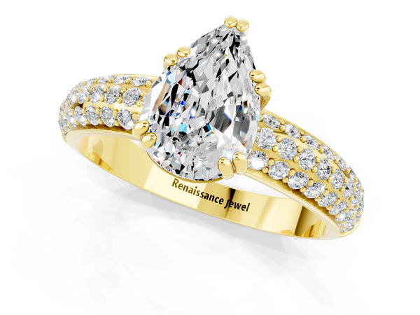 Yellow gold Pear Cut Moissanite Solitaire Ring with Multi-Row Round Pavé Band and Prong Setting