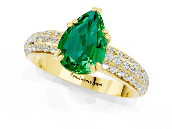 Yellow gold Pear Cut Emerald Solitaire Ring with Multi-Row Round Pavé Band and Prong Setting