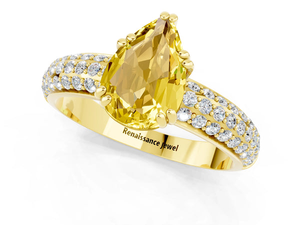 Yellow gold Pear Cut Yellow Sapphire Solitaire Ring with Multi-Row Round Pavé Band and Prong Setting