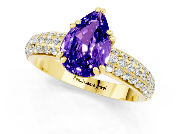 Yellow gold Pear Cut Tanzanite Solitaire Ring with Multi-Row Round Pavé Band and Prong Setting