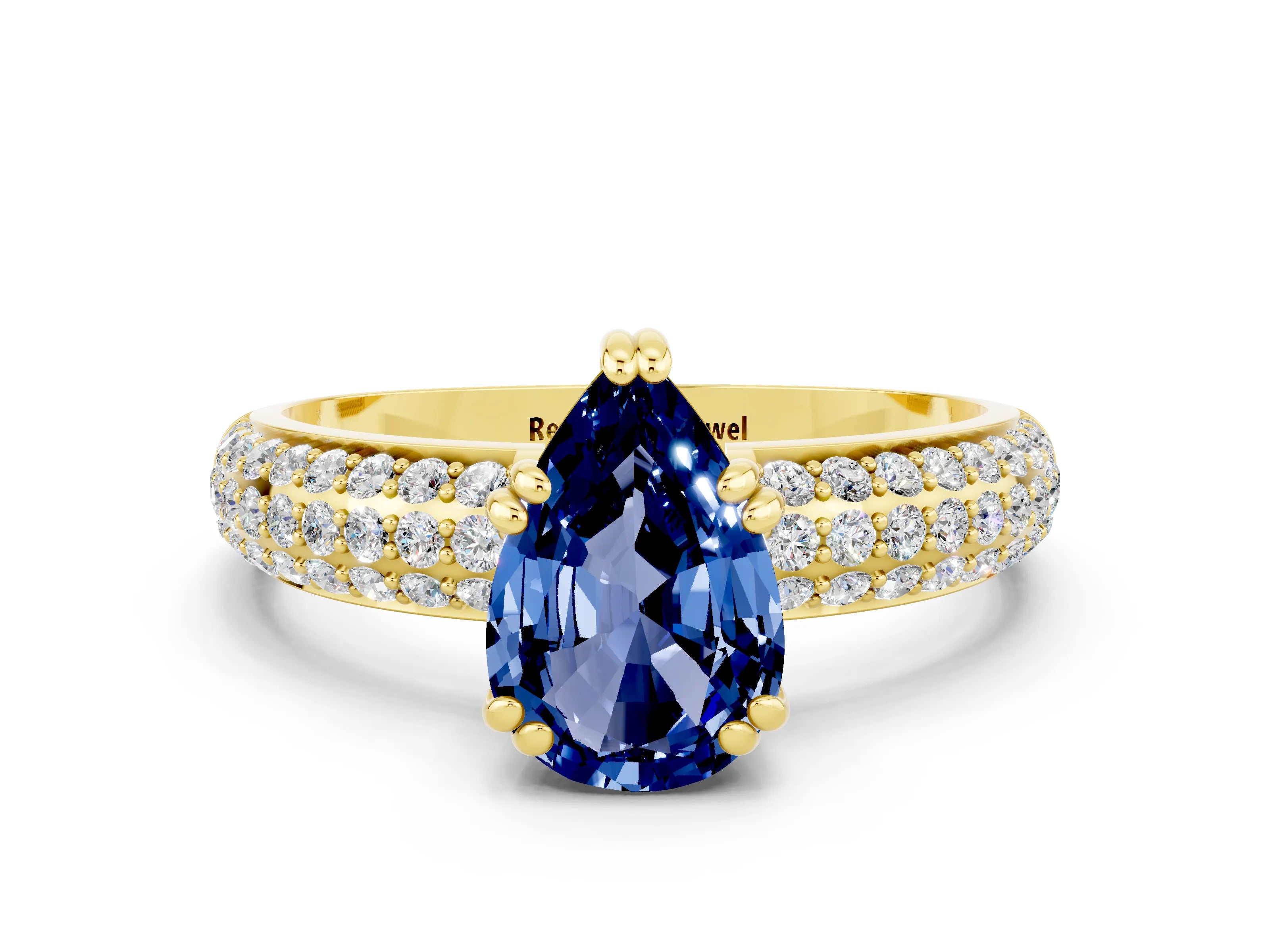 Yellow gold Pear Cut Cut Pave Diamond Engagement Ring with Channel Set Band and Four-Prong Setting