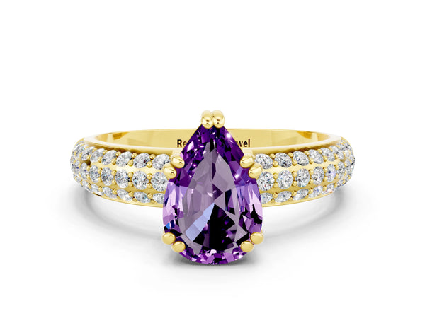 Yellow gold Pear Cut Amethyst Solitaire Ring with Multi-Row Round Pavé Band and Prong Setting