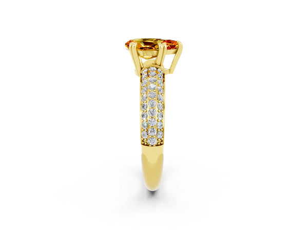 Yellow gold Pear Cut Citrine Solitaire Ring with Multi-Row Round Pavé Band and Prong Setting