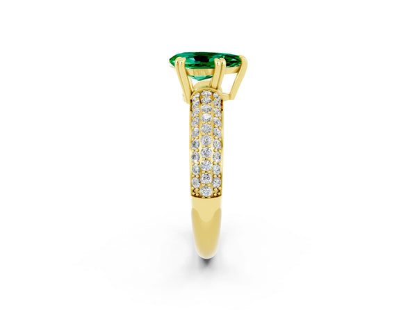 Yellow gold Pear Cut Emerald Solitaire Ring with Multi-Row Round Pavé Band and Prong Setting