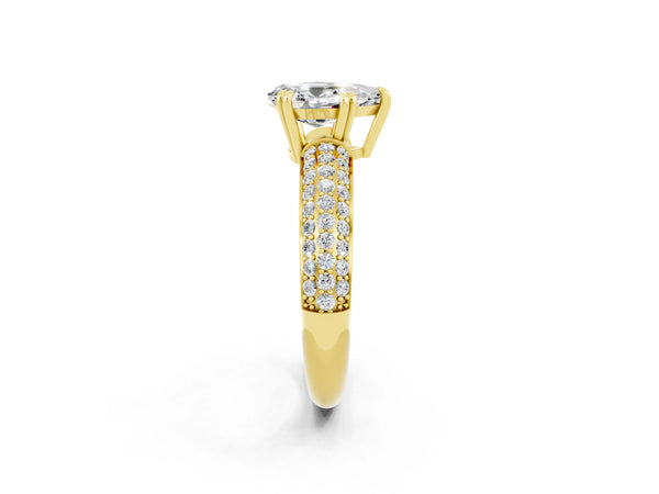 Yellow gold Pear Cut Moissanite Solitaire Ring with Multi-Row Round Pavé Band and Prong Setting