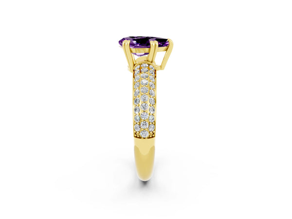 Yellow gold Pear Cut Amethyst Solitaire Ring with Multi-Row Round Pavé Band and Prong Setting