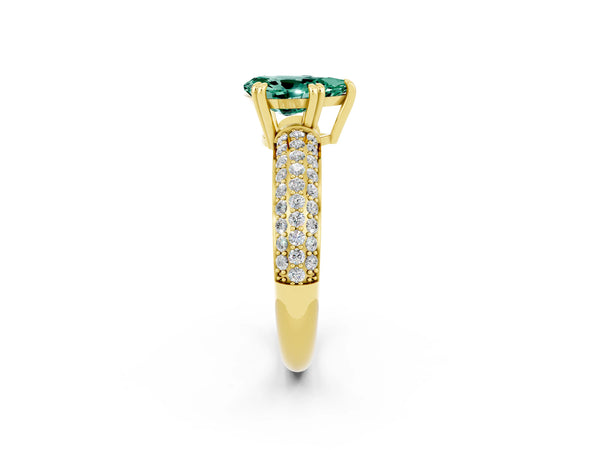 Yellow gold Pear Cut Green Sapphire Solitaire Ring with Multi-Row Round Pavé Band and Prong Setting