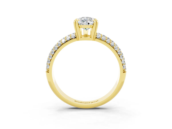 Yellow gold Pear Cut Moissanite Solitaire Ring with Multi-Row Round Pavé Band and Prong Setting