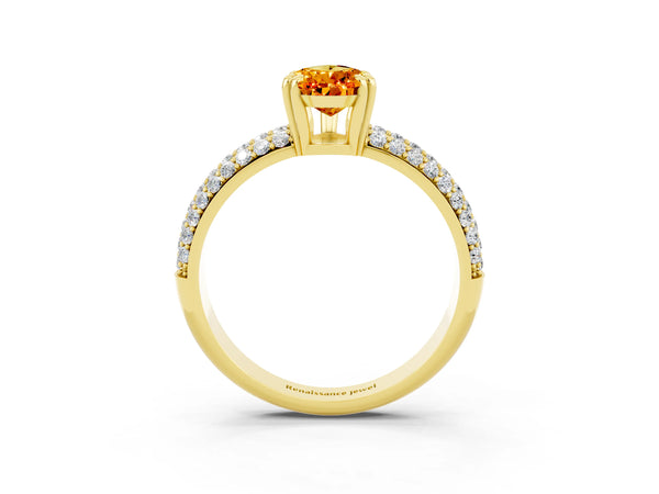 Yellow gold Pear Cut Citrine Solitaire Ring with Multi-Row Round Pavé Band and Prong Setting