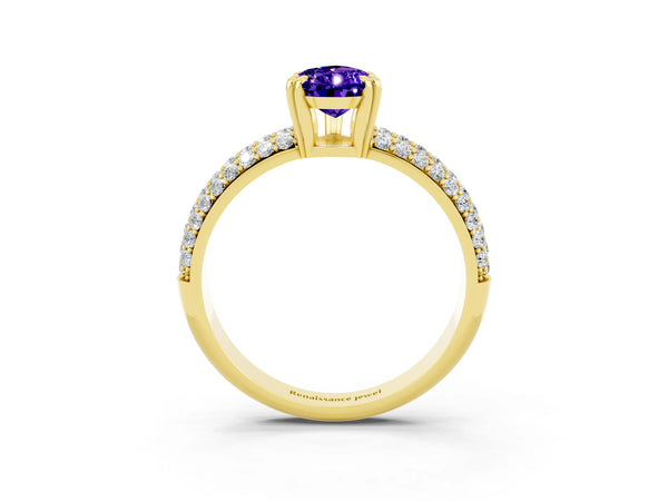 Yellow gold Pear Cut Tanzanite Solitaire Ring with Multi-Row Round Pavé Band and Prong Setting