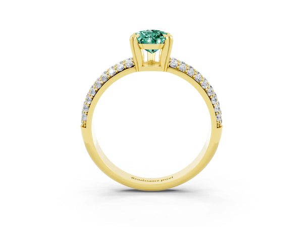 Yellow gold Pear Cut Green Sapphire Solitaire Ring with Multi-Row Round Pavé Band and Prong Setting