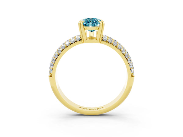 Yellow gold Pear Cut Cut Pave Diamond Engagement Ring with Channel Set Band and Four-Prong Setting