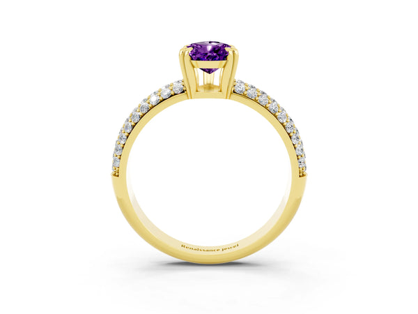 Yellow gold Pear Cut Amethyst Solitaire Ring with Multi-Row Round Pavé Band and Prong Setting