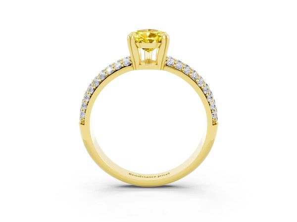 Yellow gold Pear Cut Yellow Sapphire Solitaire Ring with Multi-Row Round Pavé Band and Prong Setting