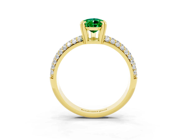 Yellow gold Pear Cut Emerald Solitaire Ring with Multi-Row Round Pavé Band and Prong Setting