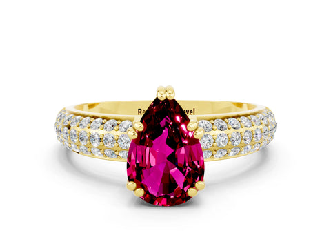 Yellow gold Pear Cut Cut Pave Diamond Engagement Ring with Channel Set Band and Four-Prong Setting