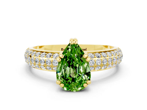 Yellow gold Pear Cut Cut Pave Diamond Engagement Ring with Channel Set Band and Four-Prong Setting