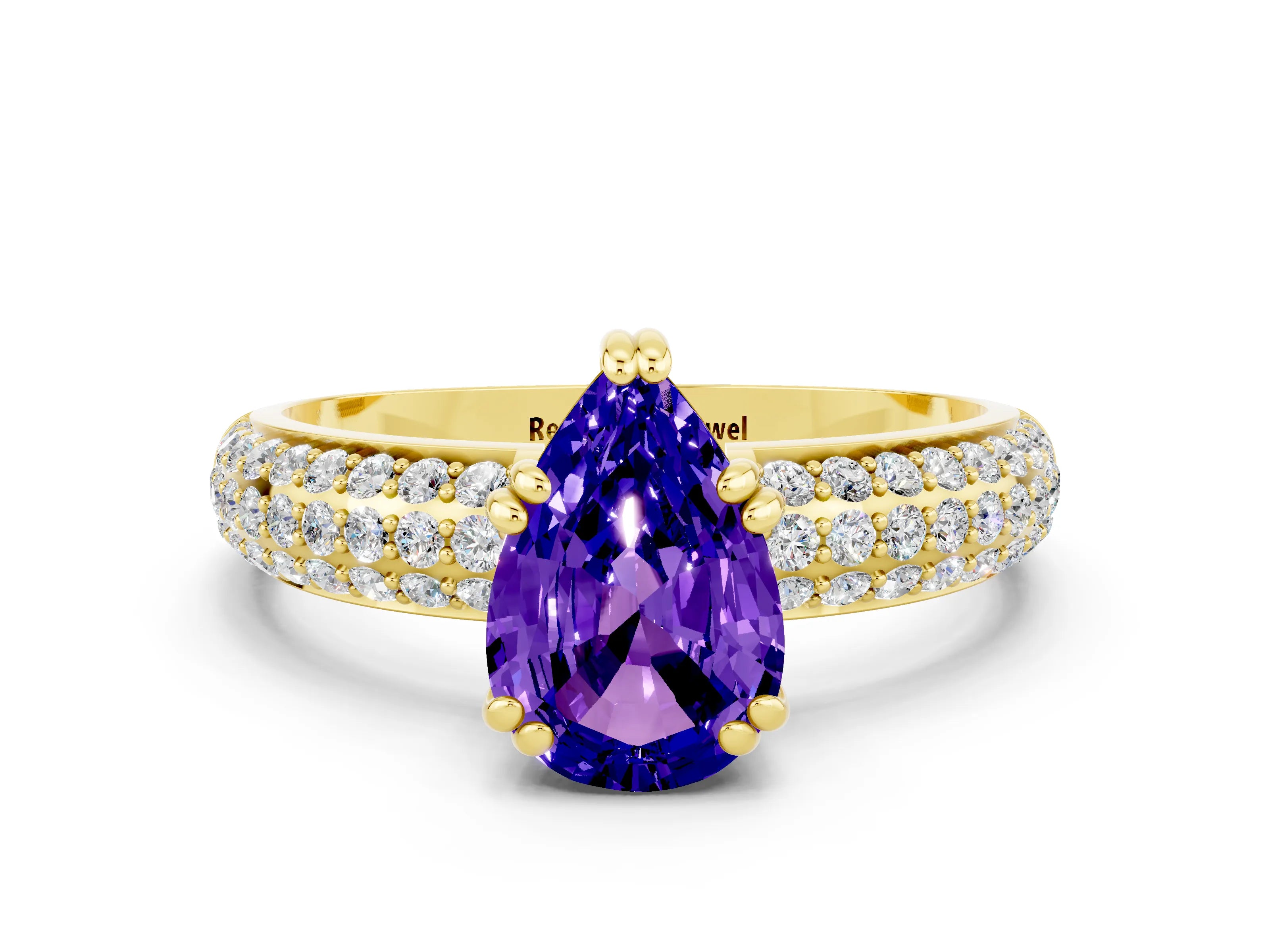 Yellow gold Pear Cut Cut Pave Diamond Engagement Ring with Channel Set Band and Four-Prong Setting