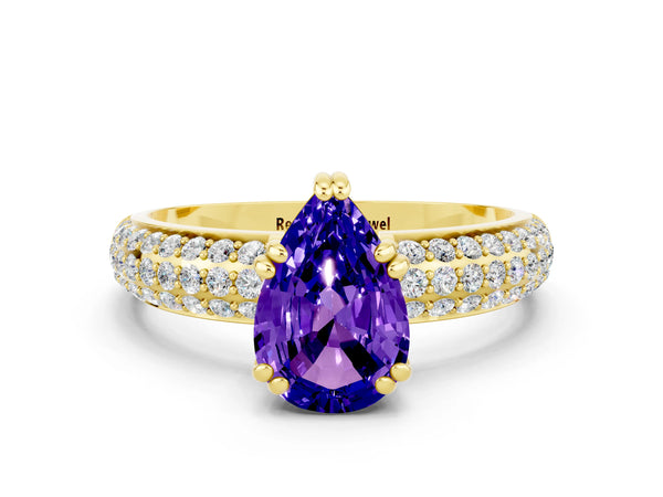 Yellow gold Pear Cut Tanzanite Solitaire Ring with Multi-Row Round Pavé Band and Prong Setting