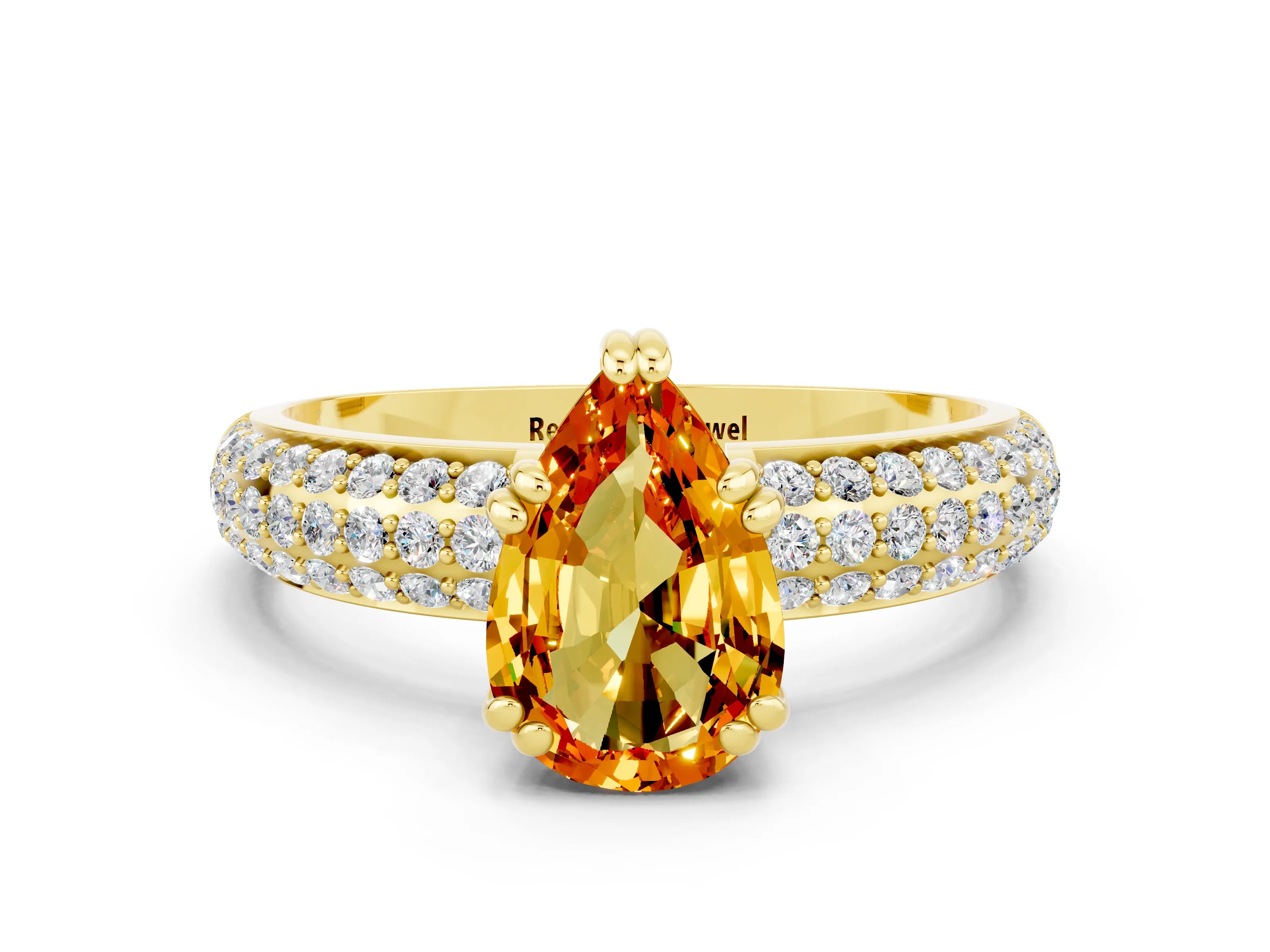 Yellow gold Pear Cut Cut Pave Diamond Engagement Ring with Channel Set Band and Four-Prong Setting