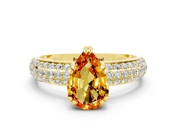Yellow gold Pear Cut Citrine Solitaire Ring with Multi-Row Round Pavé Band and Prong Setting