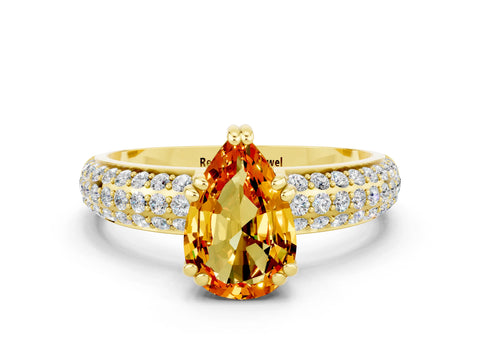 Yellow gold Pear Cut Cut Pave Diamond Engagement Ring with Channel Set Band and Four-Prong Setting