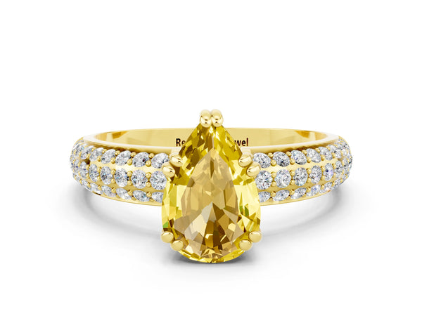 Yellow gold Pear Cut Yellow Sapphire Solitaire Ring with Multi-Row Round Pavé Band and Prong Setting