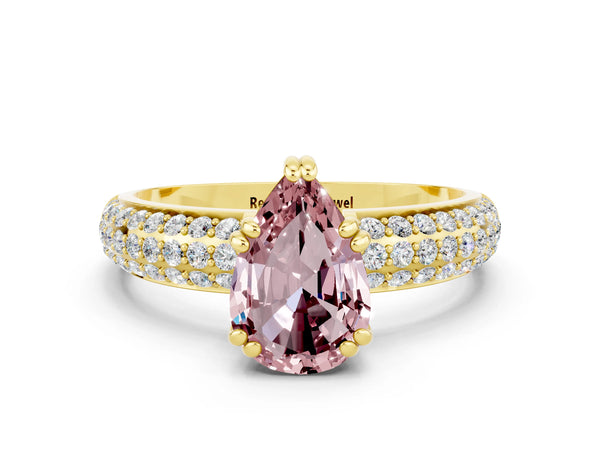 Yellow gold Pear Cut Cut Pave Diamond Engagement Ring with Channel Set Band and Four-Prong Setting