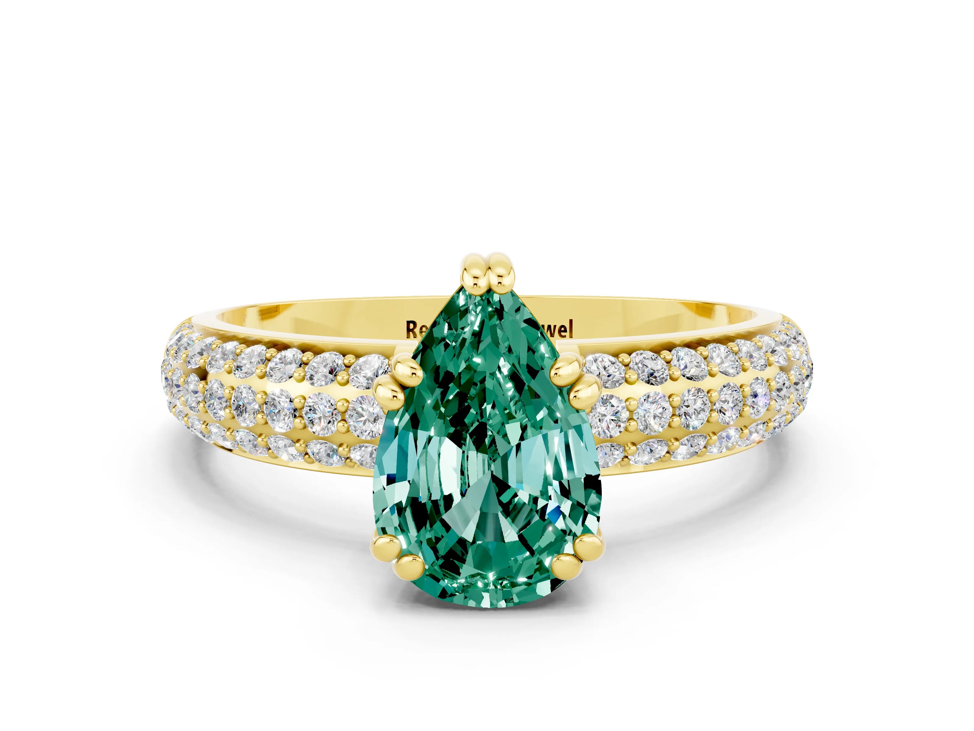 Yellow gold Pear Cut Cut Pave Diamond Engagement Ring with Channel Set Band and Four-Prong Setting