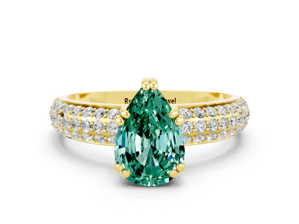 Yellow gold Pear Cut Green Sapphire Solitaire Ring with Multi-Row Round Pavé Band and Prong Setting