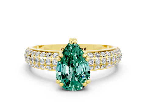 Yellow gold Pear Cut Cut Pave Diamond Engagement Ring with Channel Set Band and Four-Prong Setting