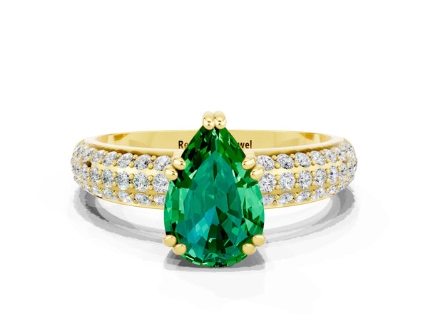 Yellow gold Pear Cut Emerald Solitaire Ring with Multi-Row Round Pavé Band and Prong Setting