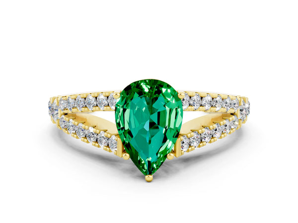 Yellow gold Pear Cut Emerald Split Shank Engagement Ring with Round Pavé and Prong Setting