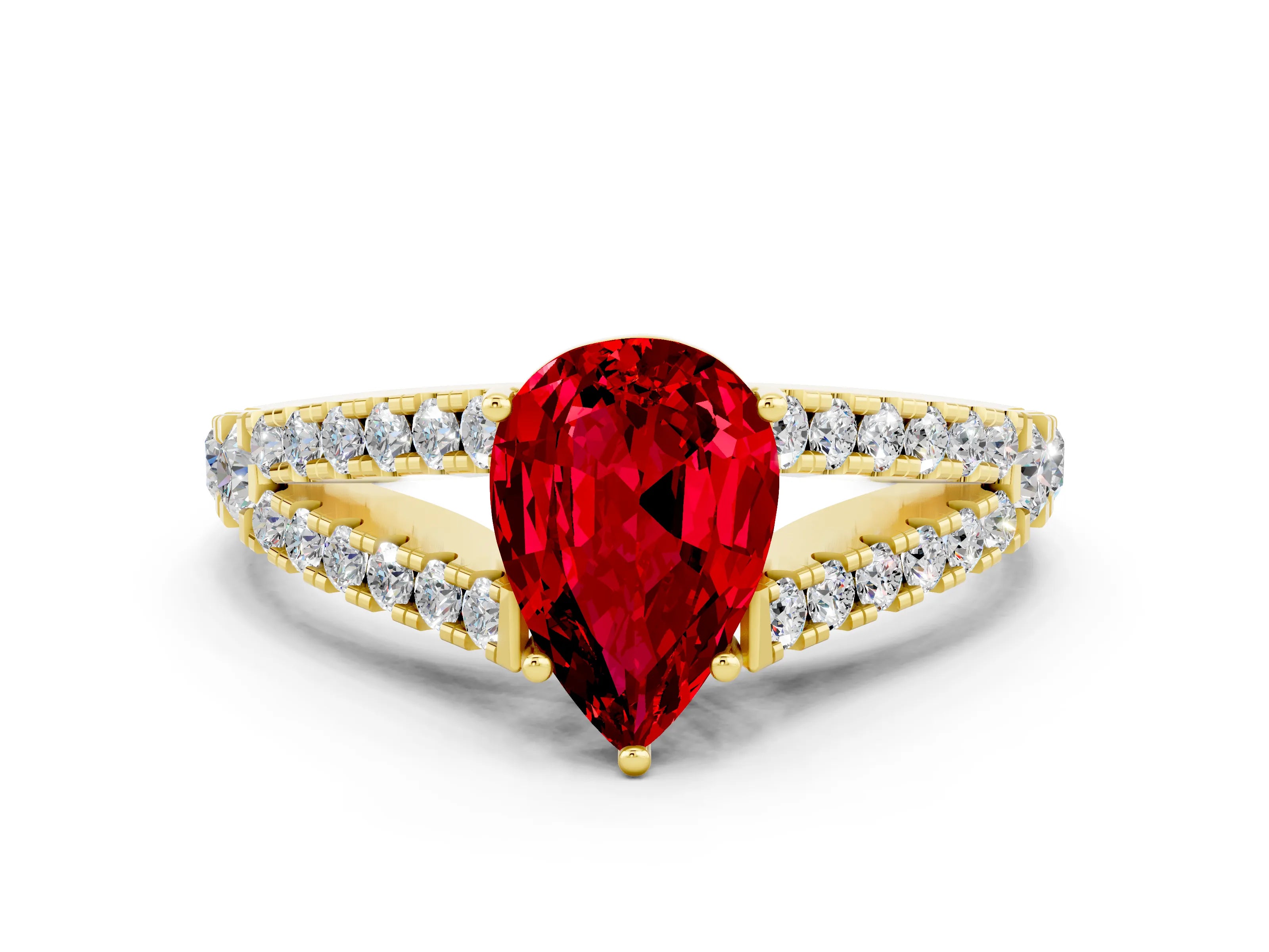Yellow gold Pear Cut Cut Split Shank Pave Diamond Engagement Ring with Four-Prong Setting