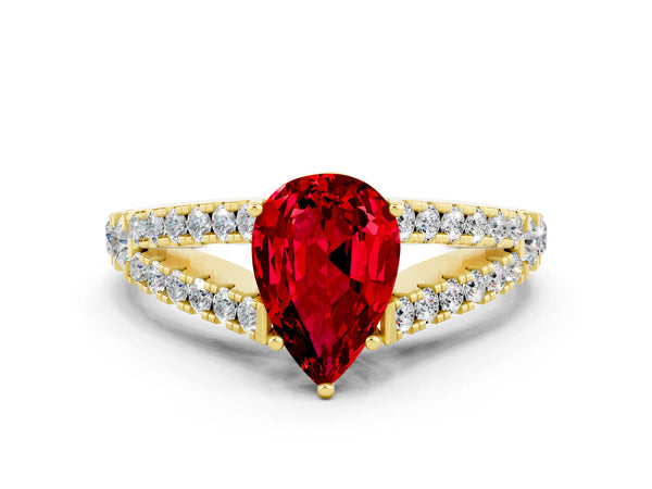 Yellow gold Pear Cut Ruby Split Shank Engagement Ring with Round Pavé and Prong Setting
