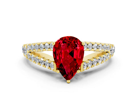 Yellow gold Pear Cut Cut Split Shank Pave Diamond Engagement Ring with Four-Prong Setting