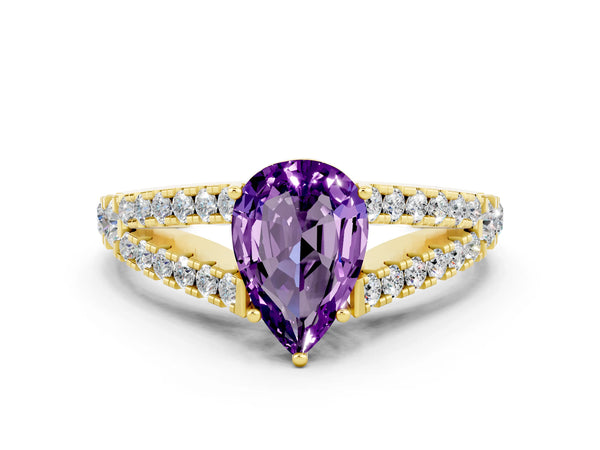Yellow gold Pear Cut Amethyst Split Shank Engagement Ring with Round Pavé and Prong Setting