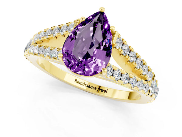 Yellow gold Pear Cut Amethyst Split Shank Engagement Ring with Round Pavé and Prong Setting