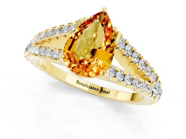 Yellow gold Pear Cut Citrine Split Shank Engagement Ring with Round Pavé and Prong Setting