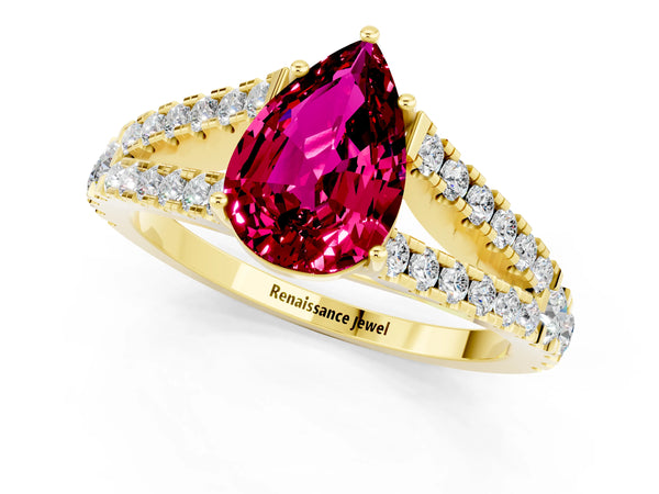 Yellow gold Pear Cut Garnet Split Shank Engagement Ring with Round Pavé and Prong Setting