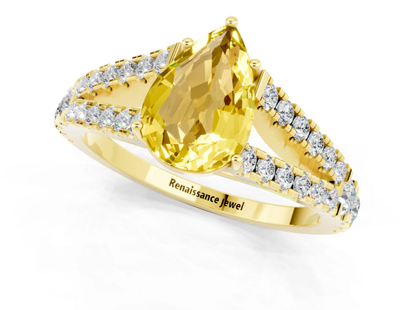 Yellow gold Pear Cut Yellow Sapphire Split Shank Engagement Ring with Round Pavé and Prong Setting
